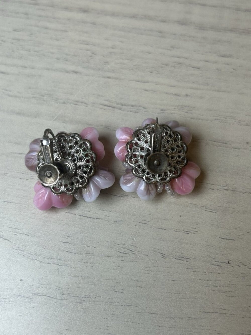 miriam haskell earrings pink Purple flower shell Clip on Vintage Flowers Floral - Picture 5 of 10